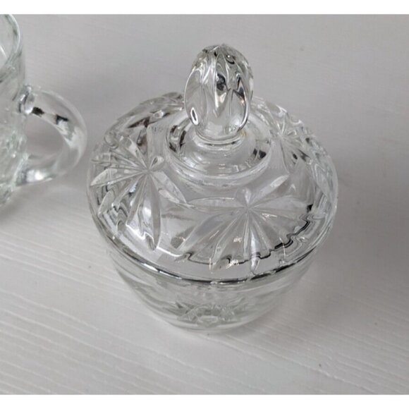 Vintage Pressed Glass Lidded Sugar and Creamer Set Star Pattern 3-1/2" - Picture 3 of 13